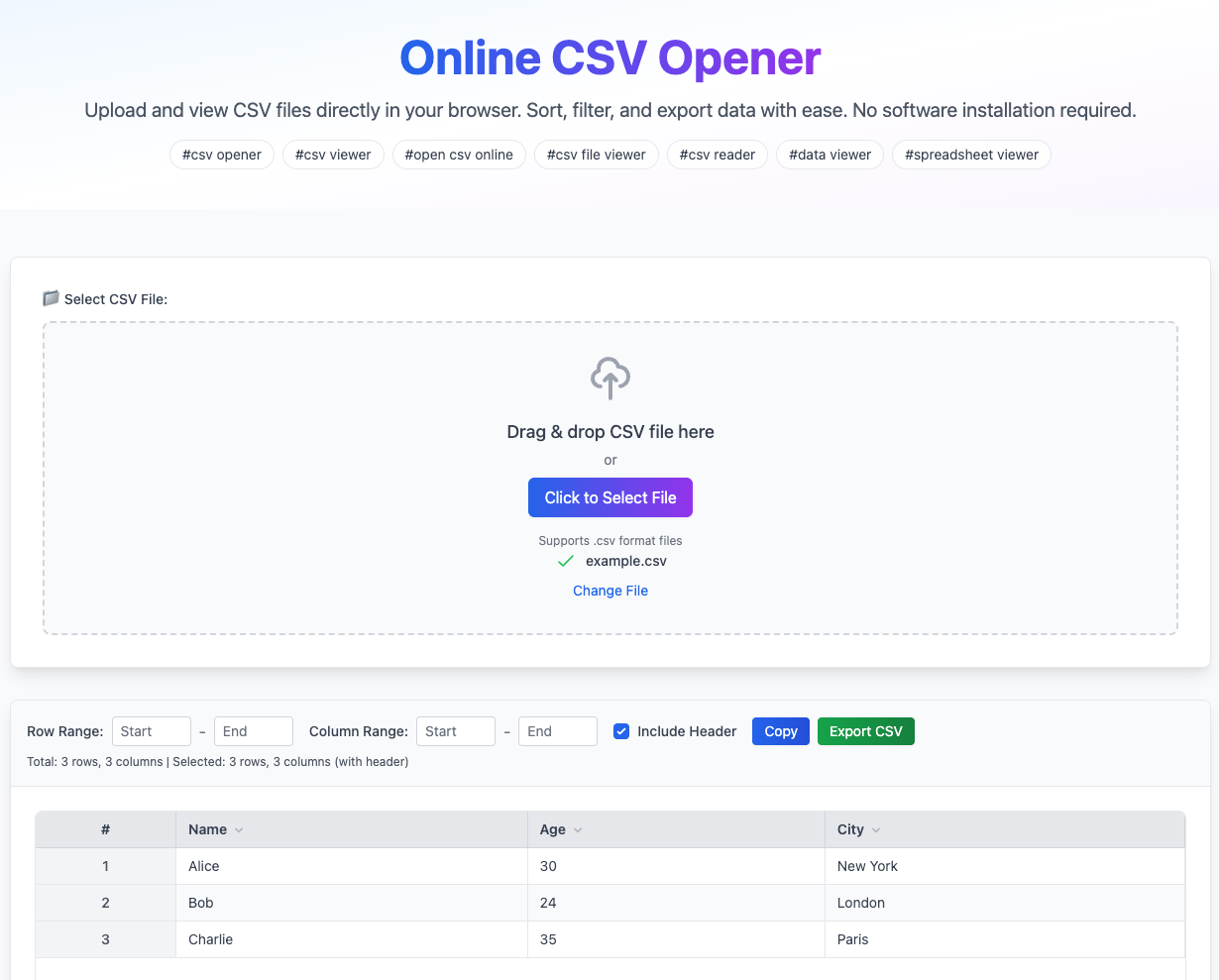 Screenshot showing CSV viewer interface and drag-and-drop upload
